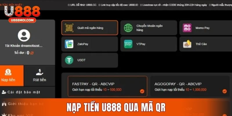 Giao dịch chuyển vốn vào tài khoản U888 qua QR Pay